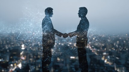 businessmen shaking hands with a futuristic city and network overlay handshake agreement