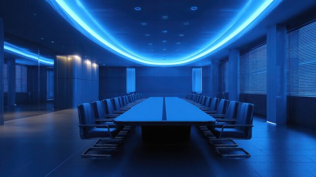 modern corporate boardroom with blue lighting and sleek design