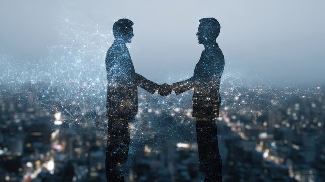businessmen shaking hands with a futuristic city and network overlay handshake agreement