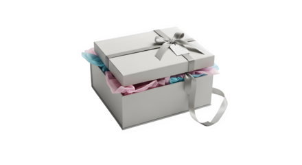 Elegant white gift box with ribbon and tissue paper spilling out of a white gift bag isolated on transparent background