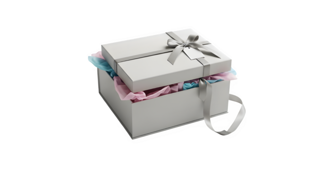 Elegant white gift box with ribbon and tissue paper spilling out of a white gift bag isolated on transparent background