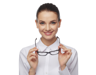 Female business professional holding eyeglasses and smiling warmly, isolated on a transparent background, PNG