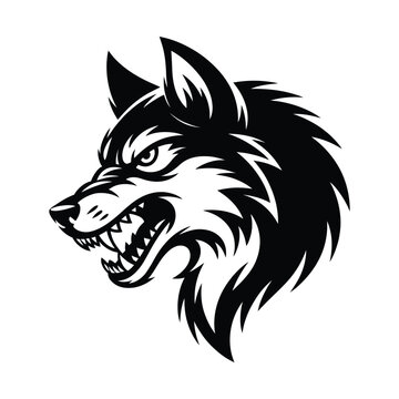 Illustration of a fierce wolf head isolated on, showcasing its sharp teeth and intense gaze, perfect for logos and designs