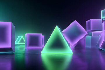 3d geometric shapes glowing in purple and neon green creating a clean futuristic sci fi aesthetic