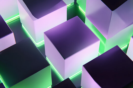 3d geometric shapes glowing in purple and neon green creating a clean futuristic sci fi aesthetic