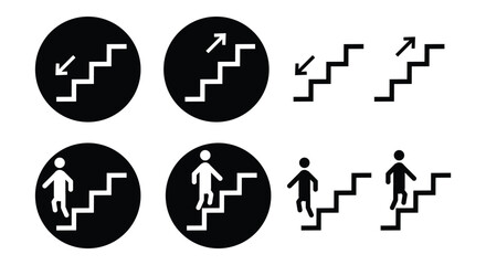 Stairs Direction Icons Set &ndash; Up and Down Arrow Symbols, Walking Person Pictograms, Safety Direction Vector Illustration