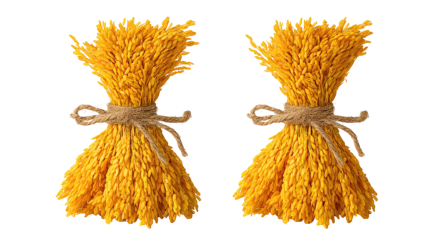 Two bundles of golden rice isolated on white background, harvested cereal grains, agricultural product, natural food ingredient display