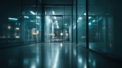 modern office interior with glass doors and blurred background in dark teal tones creating atmospheric corporate environment with evening lighting and empty hallway