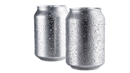 Two aluminum cans isolated on white background, beverage container duo, metallic drink packaging, modern refreshment product display
