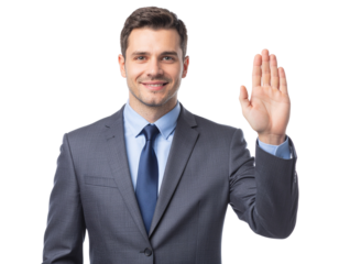 Male business manager raising hand as if asking a question in a meeting, isolated on a transparent background, PNG