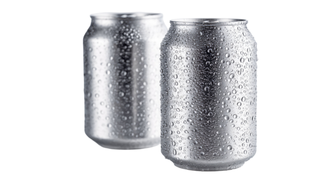 Two aluminum cans isolated on white background, beverage container duo, metallic drink packaging, modern refreshment product display
