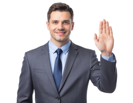 Male business manager raising hand as if asking a question in a meeting, isolated on a transparent background, PNG