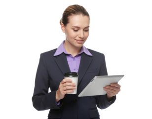 Female office executive holding coffee cup and reviewing digital tablet, isolated on a transparent background, PNG
