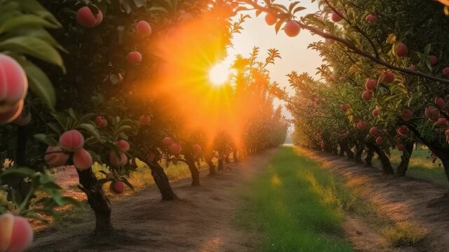 Peach orchard at sunrise with golden light