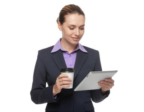 Female office executive holding coffee cup and reviewing digital tablet, isolated on a transparent background, PNG