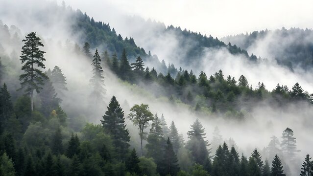 forest in the fog panorama view isolated on white or transparent png,mountain, forest, landscape, nature, snow, mountains, fog, sky, tree, winter, view, fir, range, cloud, misty, sunset, alps, clouds,