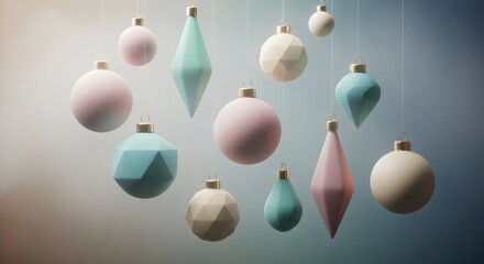 Pastel geometric Christmas ornaments arranged aesthetically for soft minimal festive themes perfect for luxury branding, greeting cards, and decorative visuals.