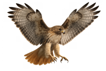 Red-tailed hawk with wings spread flying, soaring, hunting, or landing, showing power and freedom on transparent background