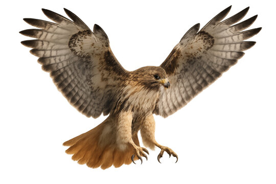 Red-tailed hawk with wings spread flying, soaring, hunting, or landing, showing power and freedom on transparent background