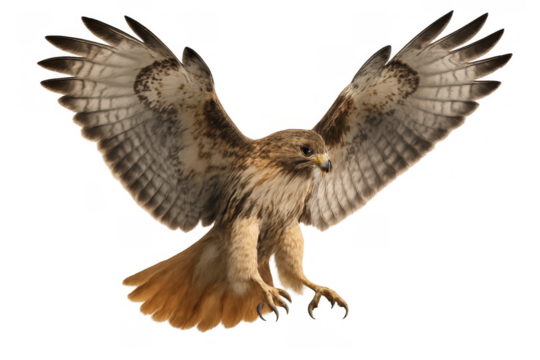 Red-tailed hawk with wings spread flying, soaring, hunting, or landing, showing power and freedom on transparent background