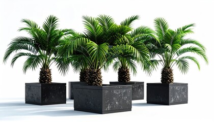Four potted palm trees in dark gray planters