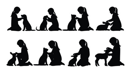 Children interacting with animals silhouettes isolated on white background, Vector