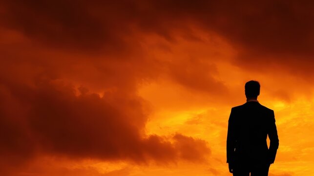 silhouette of young businessman against dramatic orange sunset sky with dark clouds symbolizing ambition and future challenges - Powered by Adobe