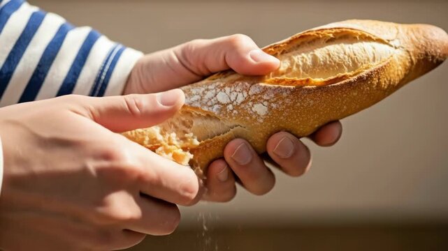 Breaking and sharing fresh baguette in sunlight ? closeup of hands holding artisan bread