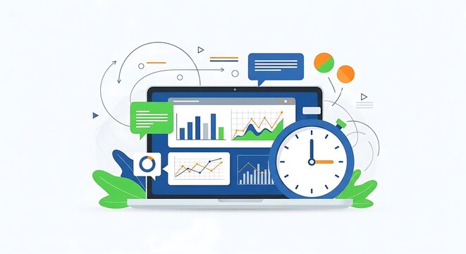 Digital Dashboard with Financial Charts and Time Management Clock.