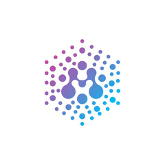 Abstract hexagon logo design with interconnected dots and gradient colors.