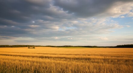 Golden wheat field under dramatic cloudy sky at summer sunset scenery