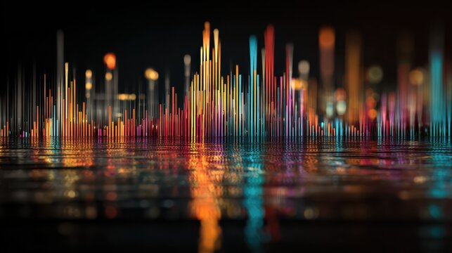 a dynamic colorful digital bar chart illustrating complex data visualization and financial market trends with vibrant reflections