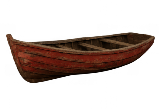 Old red wooden rowboat on transparent background, vintage weathered dinghy for transport and recreation