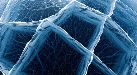 Intricate blue ice pattern with geometric cracks and abstract frosty textures, showcasing the mesmerizing complexity of frozen water formations in a macro close-up view