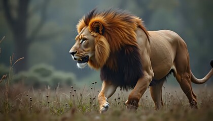 Naklejka premium A lion walking through a field of tall grass.