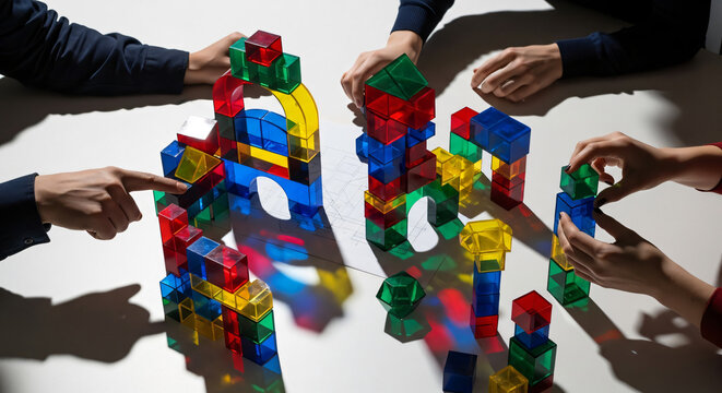 Business Team Collaboration Building Structures with Blocks