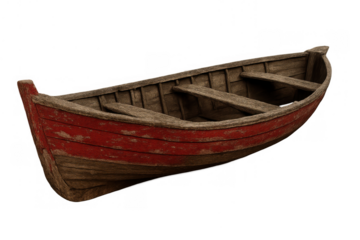 Weathered wooden rowboat with peeling red paint, showing rustic texture and old age. Cutout element on transparent background