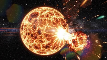 A glowing cracked sphere in a starry expanse erupts violently sending a fiery explosion and debris into space - Powered by Adobe