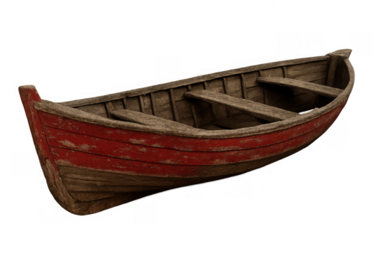 Weathered wooden rowboat with peeling red paint, showing rustic texture and old age. Cutout element on transparent background