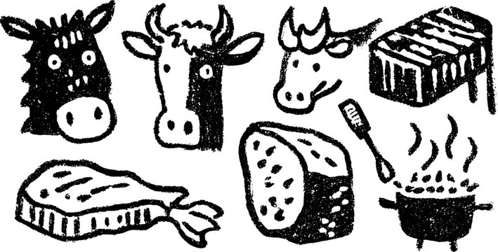 Collection of cow and meat illustrations including steak and cheese. Simple food vector set for culinary themes.