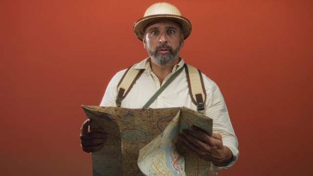 Man holding and studying a large map with backpack and pith helmet in orange studio; curiosity adventure travel.