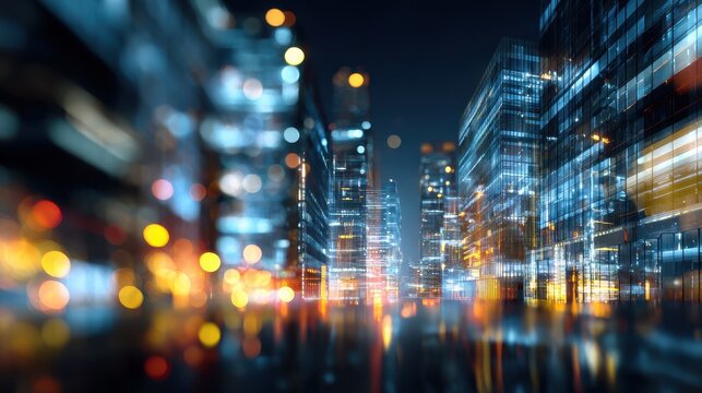 abstract corporate scene visualizing business transformation in a modern urban environment with blurred lights and reflections at night