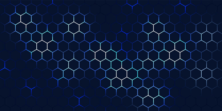 Abstract hexagon pattern background - futuristic sci fi honeycomb grid, glowing blue neon lines on dark. Geometric vector graphic design for digital interfaces, HUD displays and gaming backdrops.