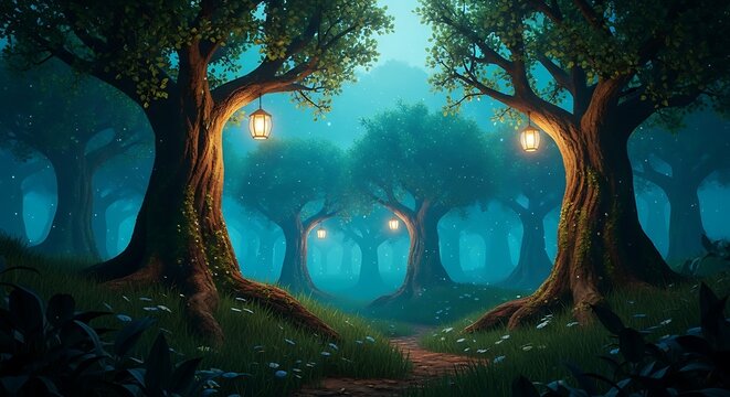 Enchanted Forest with Glowing Lanterns and Mystical Atmosphere.