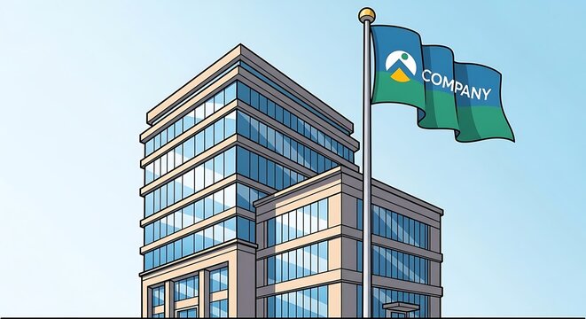 Modern Office Building with Company Flag in the Sky.