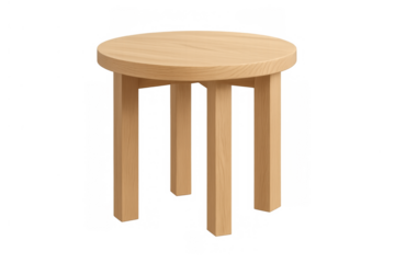 Round wooden stool with four legs, featuring light wood grain, a modern minimalist furniture design on transparent background