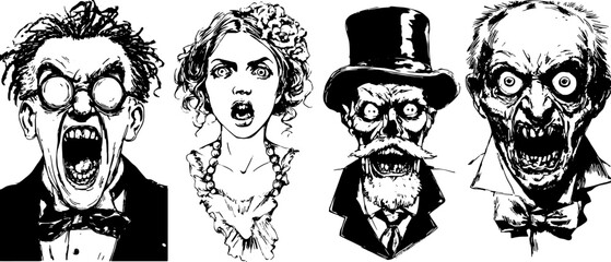 Engravings depict a series of screaming faces in antique silhouettes. Hand-drawn characters create a striking horror vector illustration set.