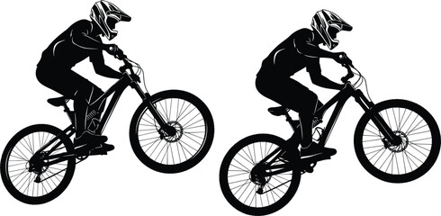 Fototapeta premium Mountain biker silhouette performing jump or downhill ride, wearing helmet and gear on a full suspension bicycle vector