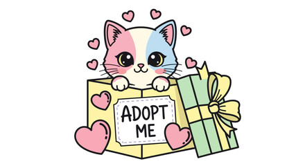 Cute cartoon cat peeking out of a box with a sign that says 'Adopt Me'.