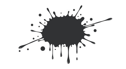 A black ink splatter with drips and small droplets on a white background.
